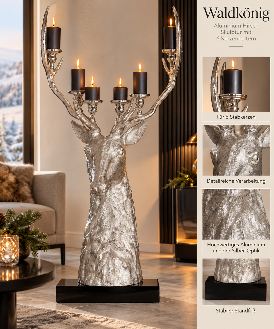 Der Waldkönig - Luxuriöser Aluminium Hirsch Skulptur und Kerzenständer für eine rustikale Atmosphäre
