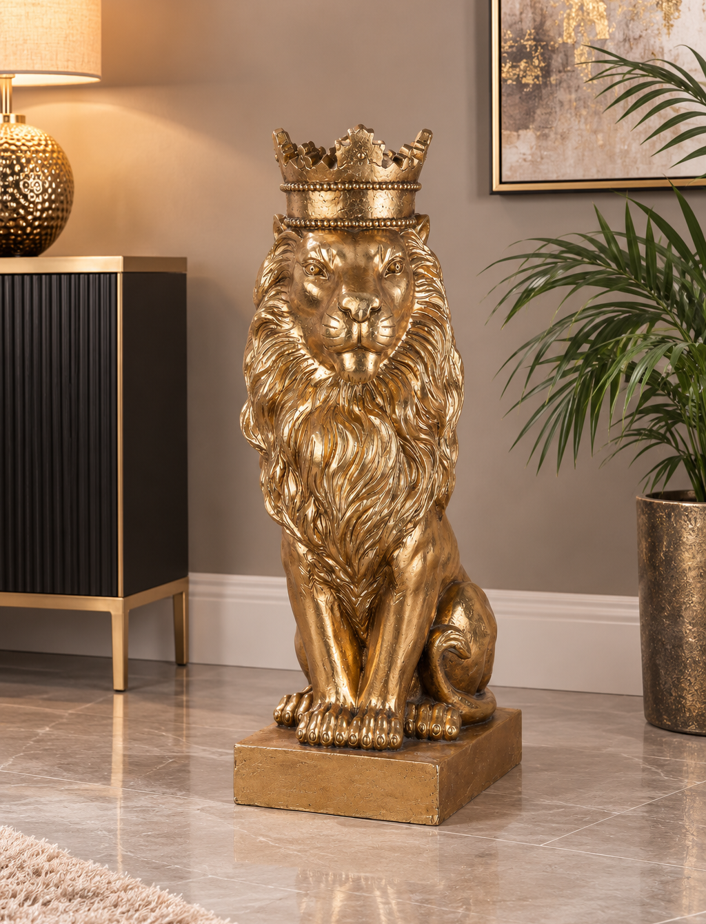 Löwen Skulptur König mit Krone goldfarben 70 cm für Innen und Außen