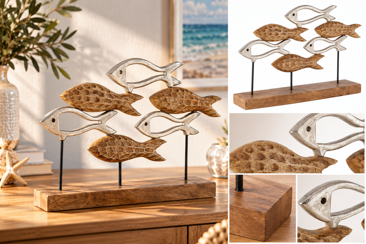 Dekofigur Balik Fischschwarm Mangoholz Aluminium 33 cm