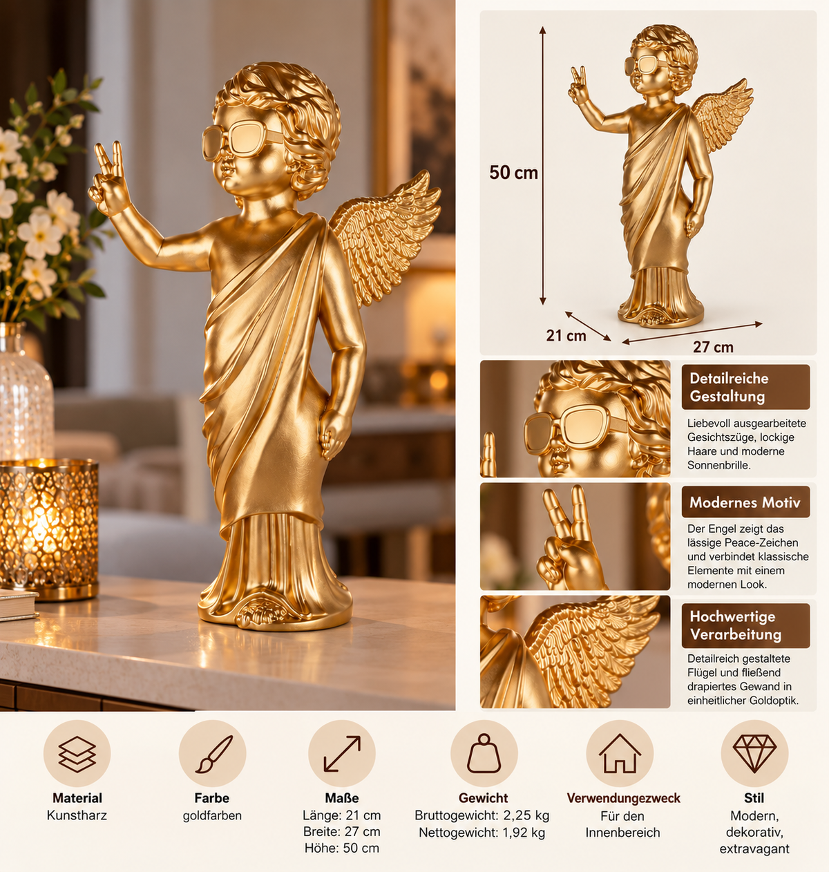 Dekofigur Engel Gloria goldfarben mit Sonnenbrille 50 cm