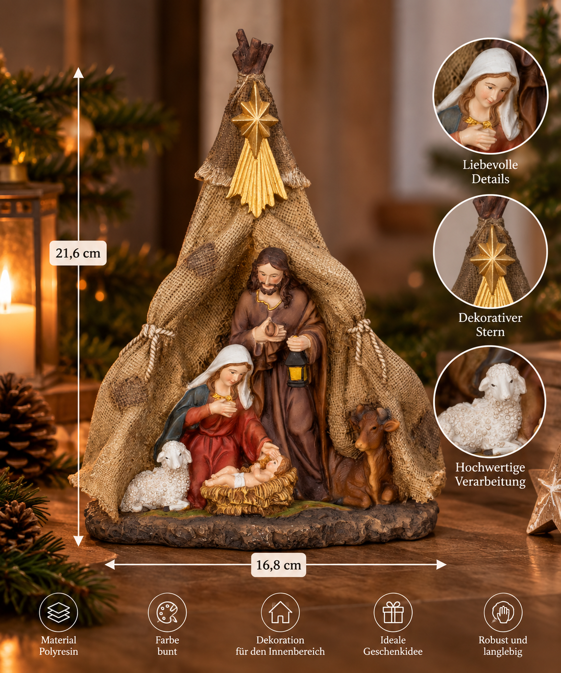Weihnachtskrippe Heilige Familie mit Schaf und Ochse 21,6 cm