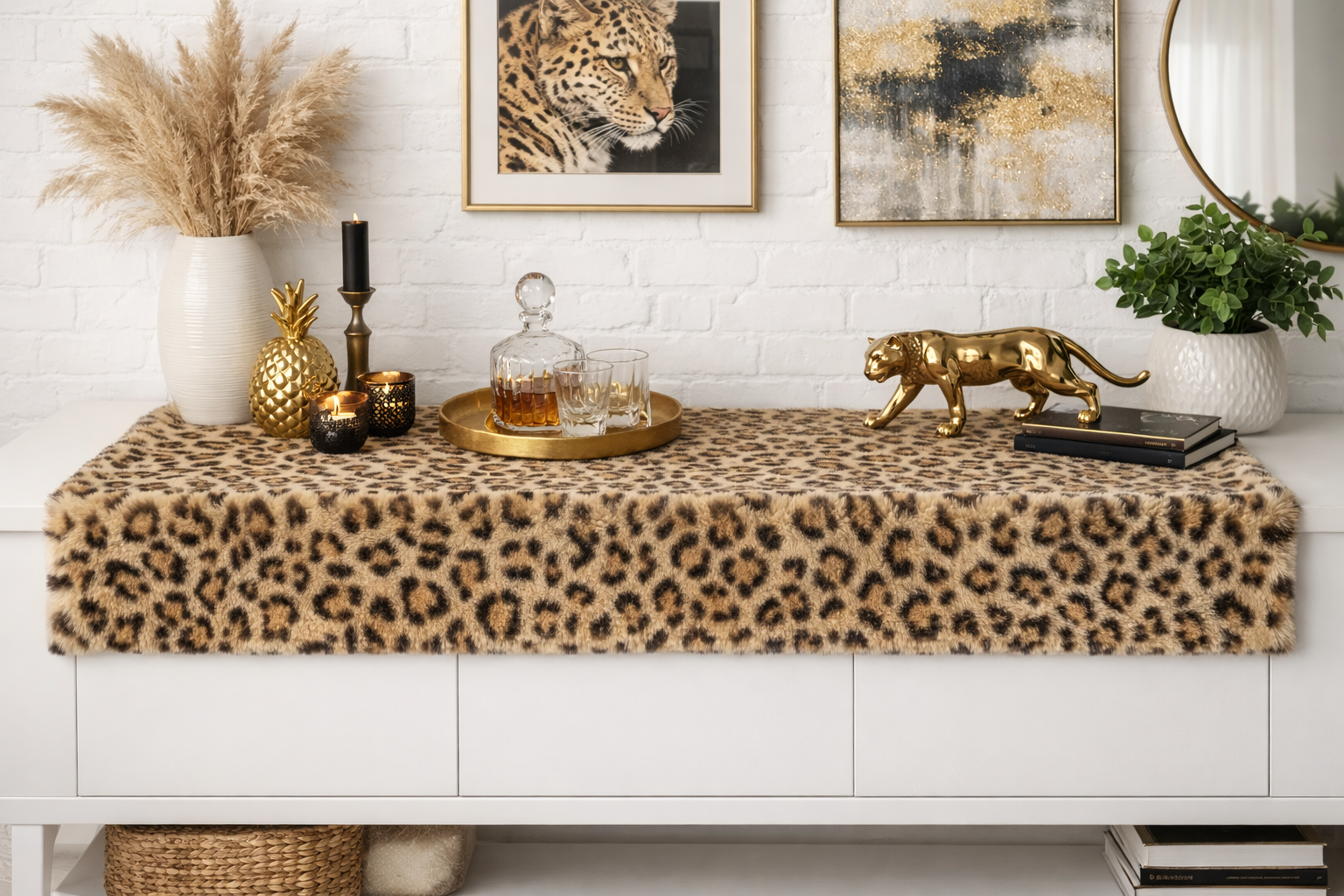 Savanna table runner, leopard print, 140x40cm, plush look