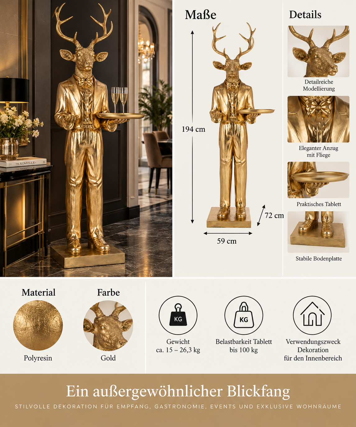 XXL hertenkelner in goud met dienblad, een meesterwerk voor elegante presentaties 