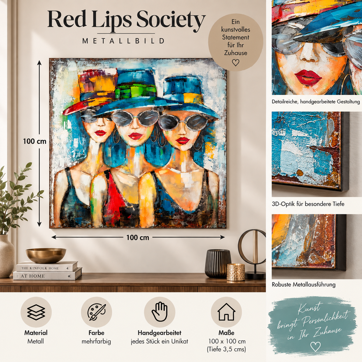 Metallbild Red Lips Society quadratisch mehrfarbig 100 x 100 cm