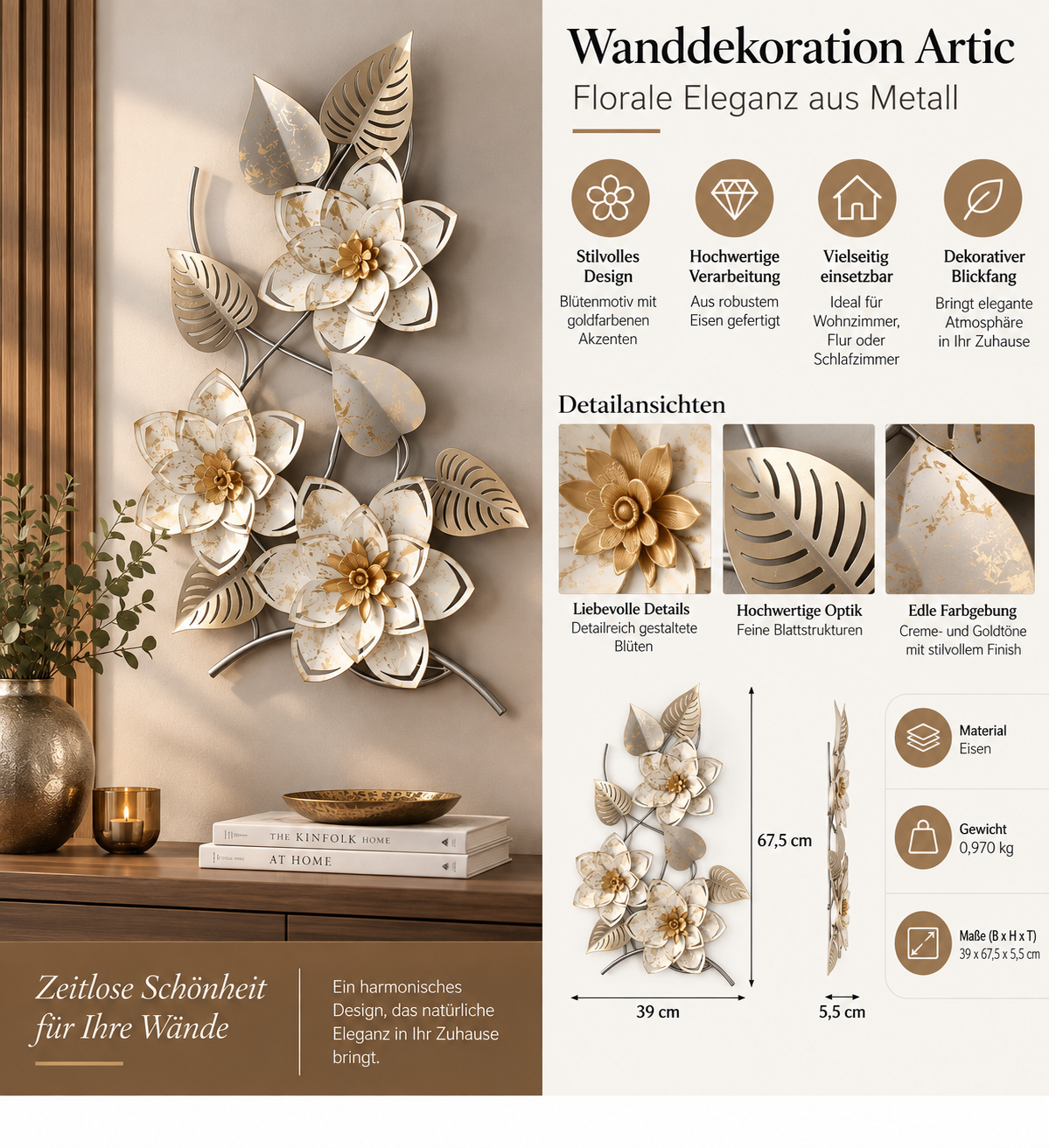 Metall Wanddekoration Artic Blumen creme gold 67,5 cm