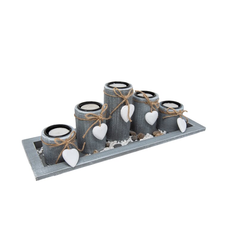Romantic tea light holder set with 5 holders, plate and white hearts - loving decoration for your home