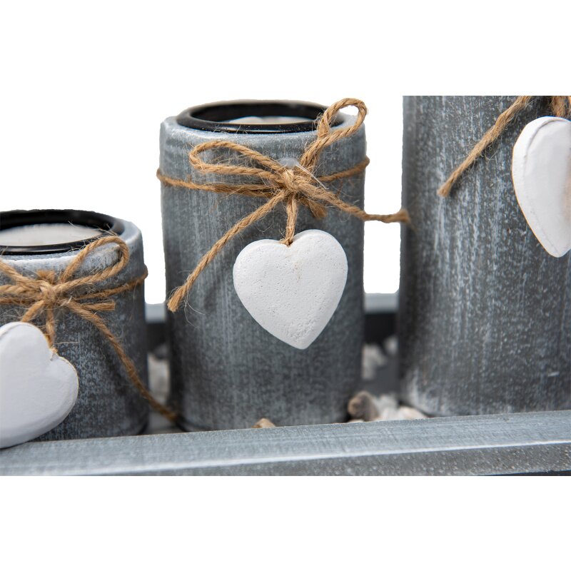 Romantic tea light holder set with 5 holders, plate and white hearts - loving decoration for your home
