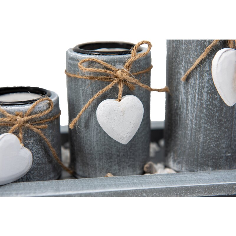 Romantisches Teelichthalter-Set mit 5 Haltern, Platte und weißen Herzen – Liebevolle Dekoration für Ihr Zuhause