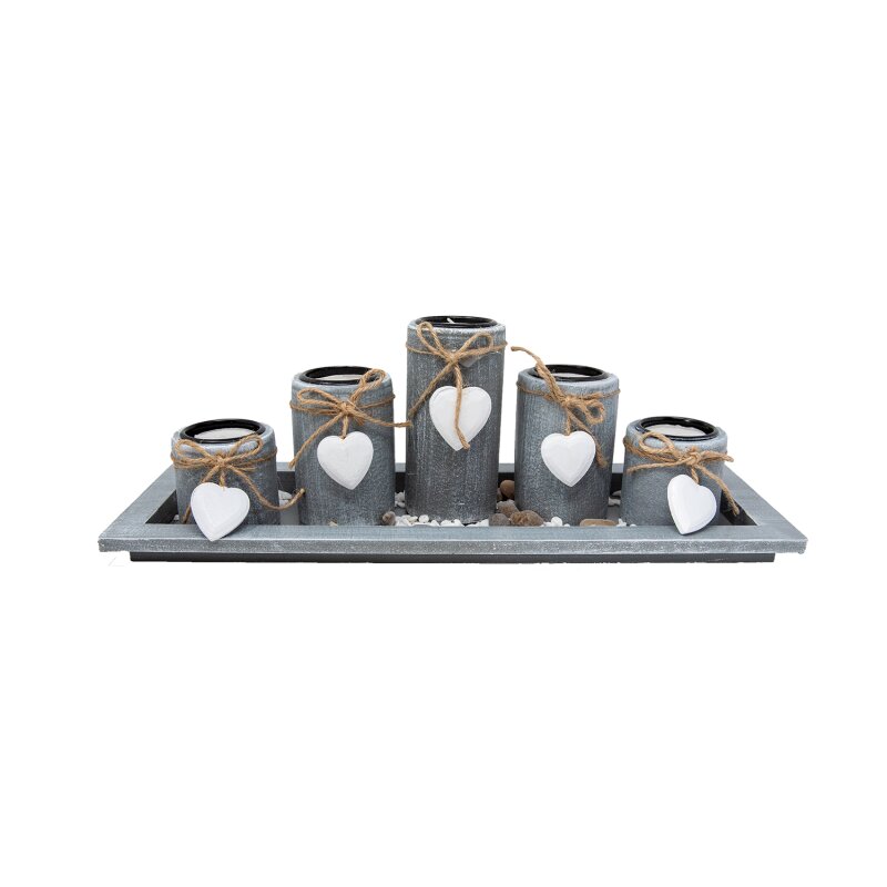 Romantic tea light holder set with 5 holders, plate and white hearts - loving decoration for your home