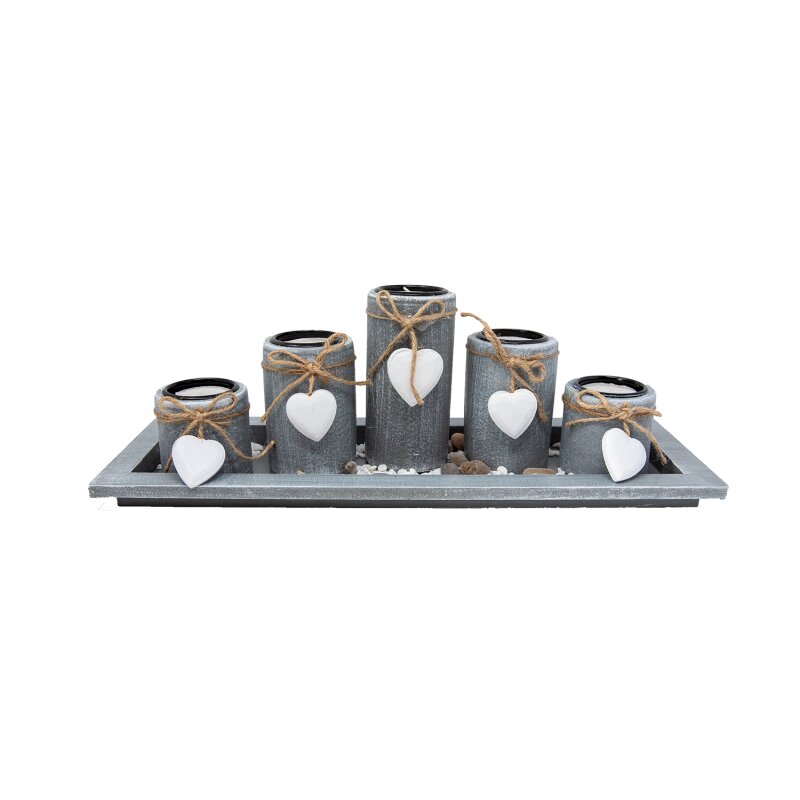 Romantisches Teelichthalter-Set mit 5 Haltern, Platte und weißen Herzen – Liebevolle Dekoration für Ihr Zuhause