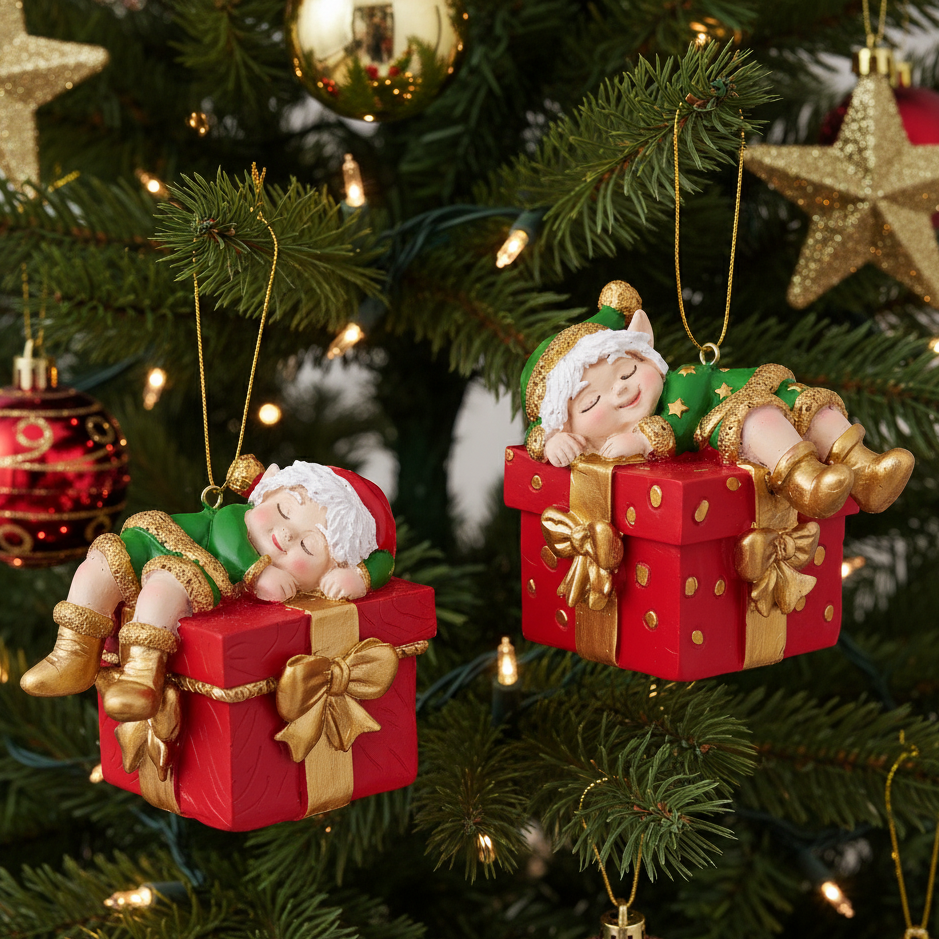 Christmas decorations Holly set of 2 elf and gift hand-painted gold green red