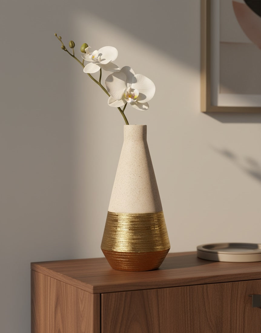 Moderne Dekovase Blumenvase aus Keramik - Beige Gold Glitzer - Höhe: 28,5 cm