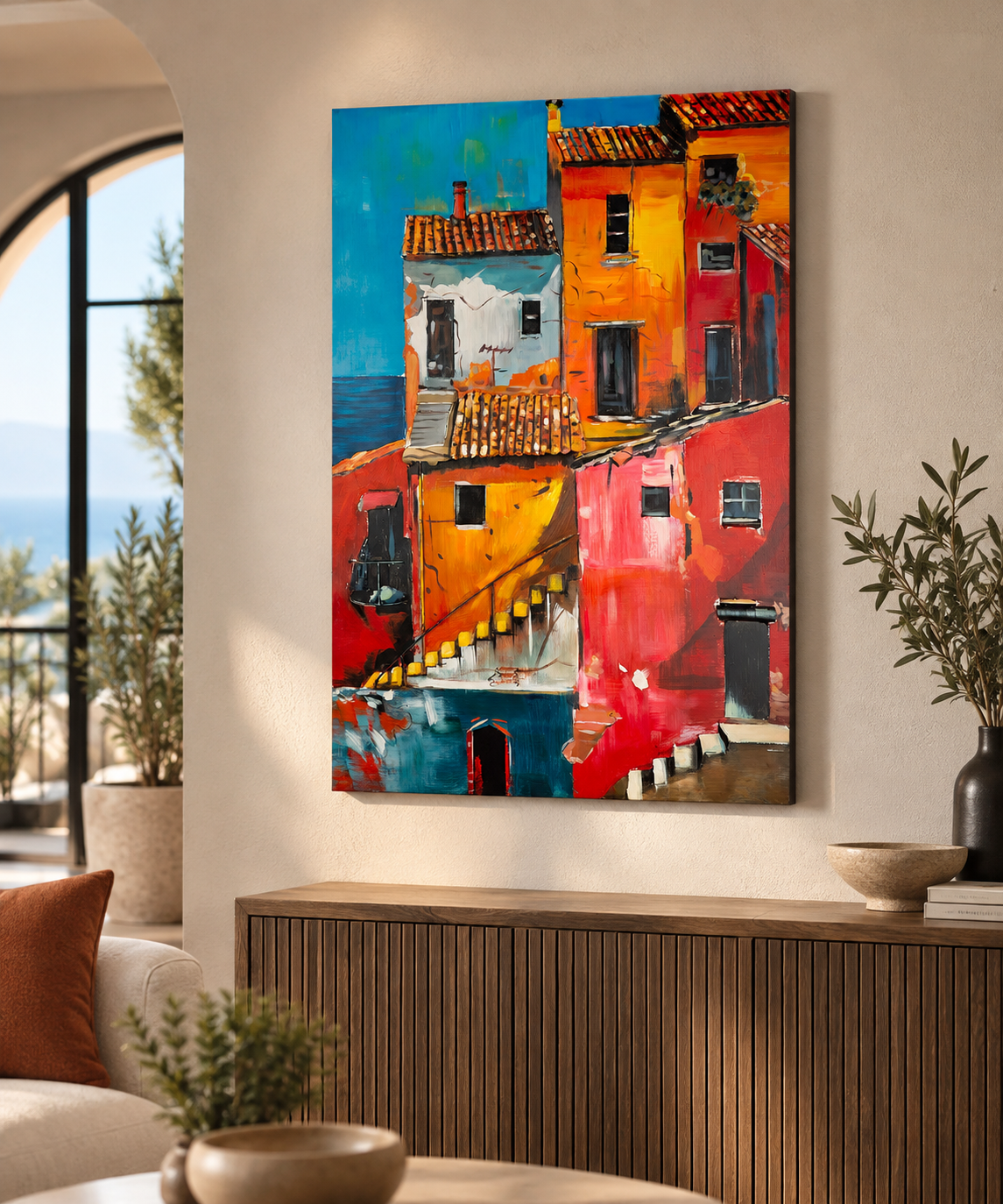 Metallbild Vernazza Hausmotiv orange rot 80 x 120 cm