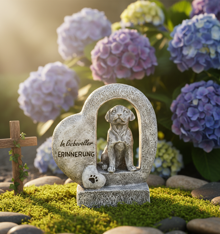Eeuwige trouw hond in graf hart 21,5 cm polyresin gedenkfiguur in grijs