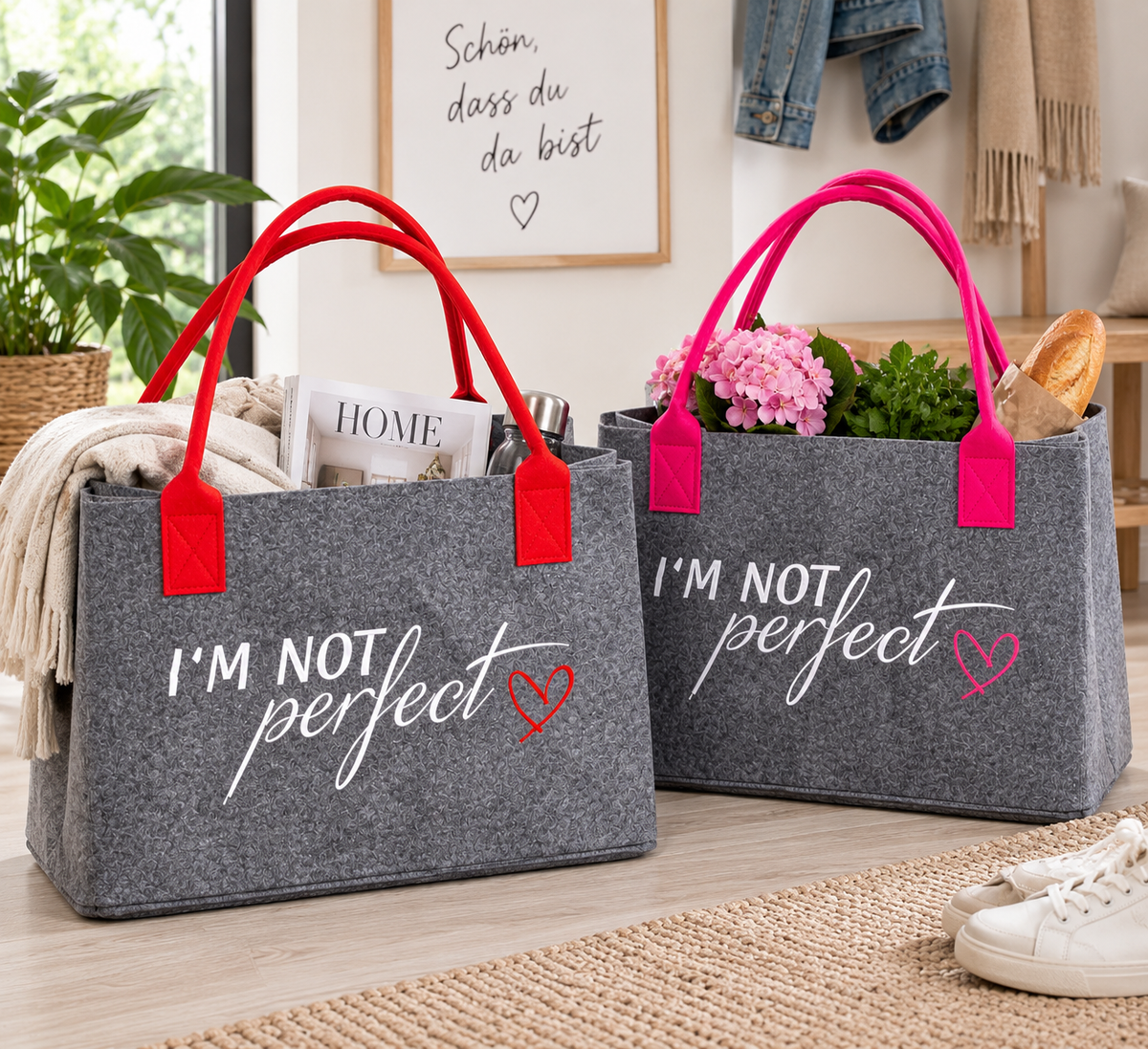 Filztasche Lieblingsbegleiter grau mit farbigen Henkeln 40 cm