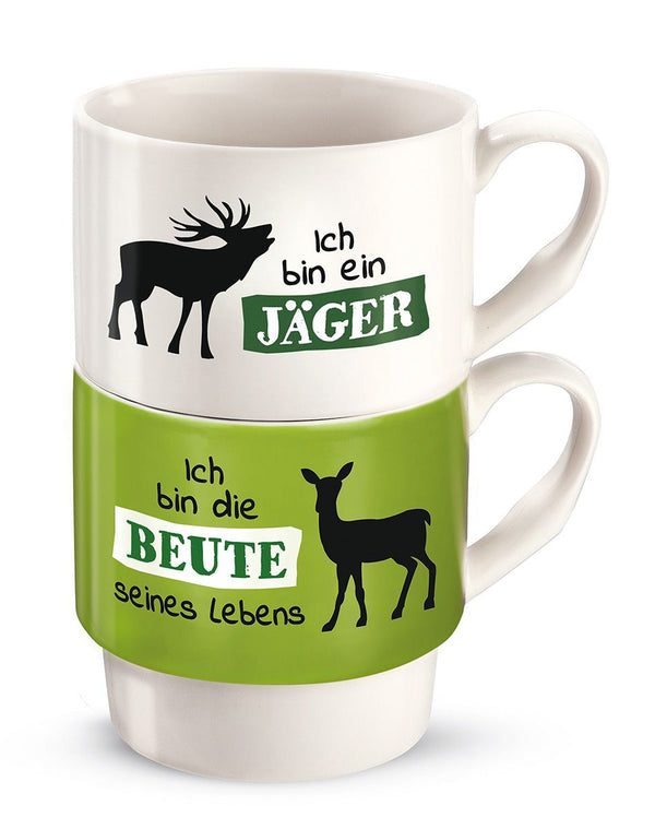 Jagd - 6x 2tlg. Set Stapeltassen, Weiß/Grün, "Ich bin ein Jäger" + "Ich bin die Beute seines Lebens", Knochenporzellan, 330 ml