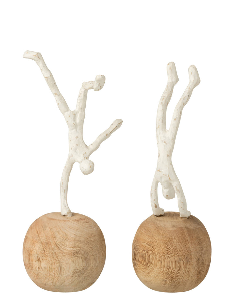 2er Set Moderne Kunst aus Naturmaterialien Figur Auf Händen Dünn Auf Fuß Poly/Mangoholz Naturell/Weiß