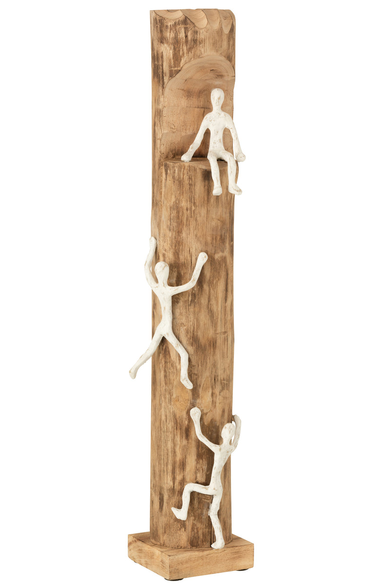 Natürliche Holzskulptur mit 3 kletternden Figuren aus Aluminium - Einzigartiges Wohnaccessoire für jedes Zuhause