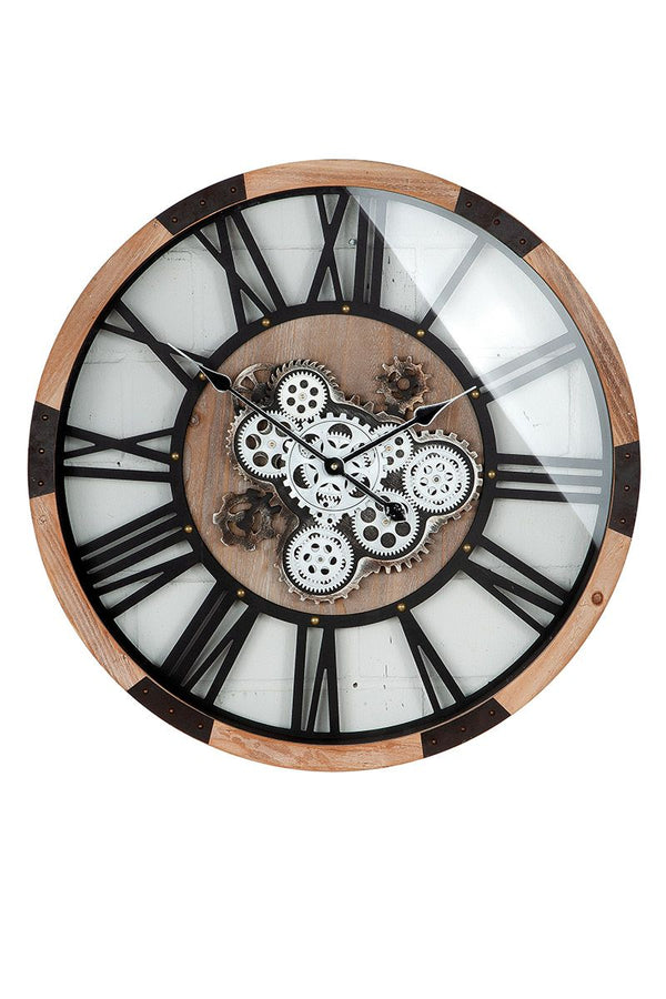 Holz Metall Wanduhr Uhr mit drehenden Zahnrädern 67.5cm