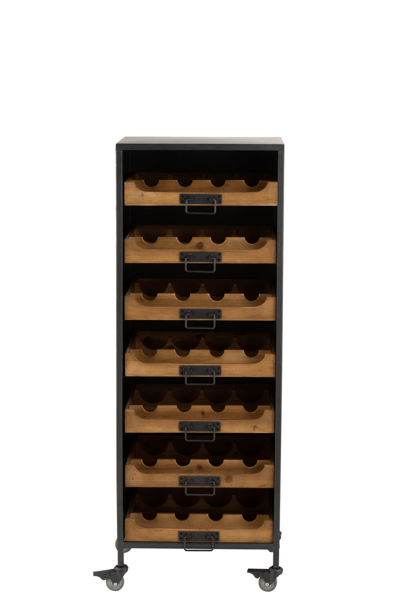 Organisierte Eleganz - Handgefertigter Schrank auf Rollen mit 7 Schubladen für Weinflaschen aus Metall und Holz in Schwarz/Natur