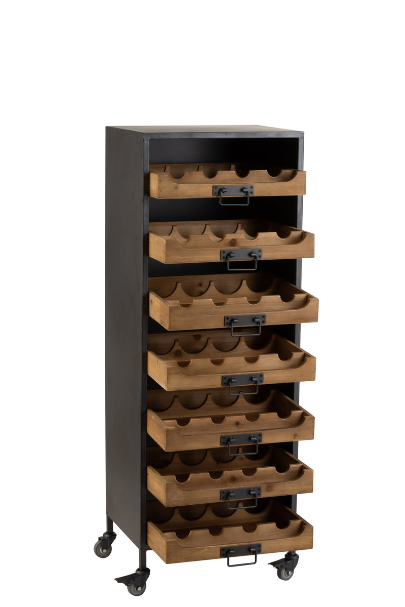 Organisierte Eleganz - Handgefertigter Schrank auf Rollen mit 7 Schubladen für Weinflaschen aus Metall und Holz in Schwarz/Natur
