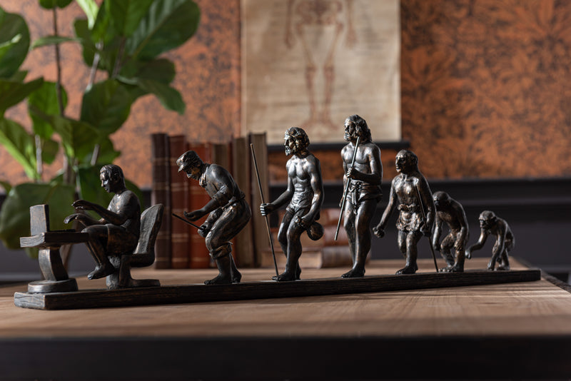 Die Evolution des Menschen in Bronze Handgefertigte Skulptur zeigt den Fortschritt der Menschheit von Affen zu Computerfreaks