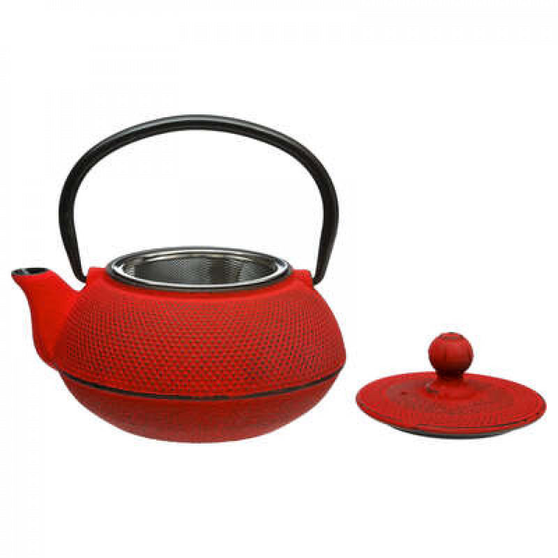Japanische Gusseisen Teekanne mit Filter im asiatischen Stil mit Sieb ROT 600 ml Teekessel Teebereiter Teezubereiter