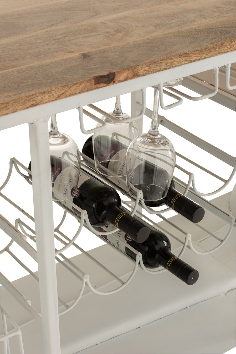 Moderne Eleganz für Weinliebhaber - Scooter Roller Bar aus Metall und Mangobaum in Weiß mit Platz für 6 Weingläser und 6 Weinflaschen