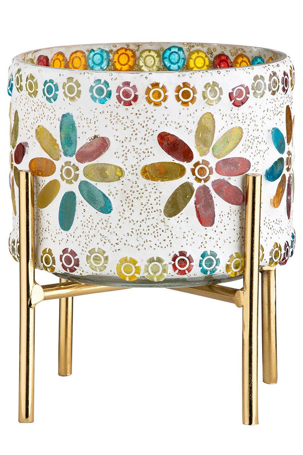 Set van 2 windlichten "Boho", kleurige, goudkleurige voet, hoogte 16cm 
