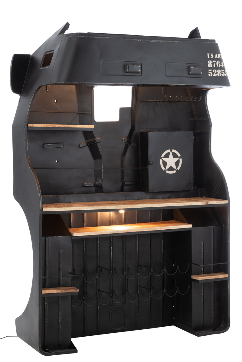 Handgefertigte Bar Lkw Front US ARMY aus Metall/Mango Holz - Ein Unikat mit Weinregalen und Beleuchtung