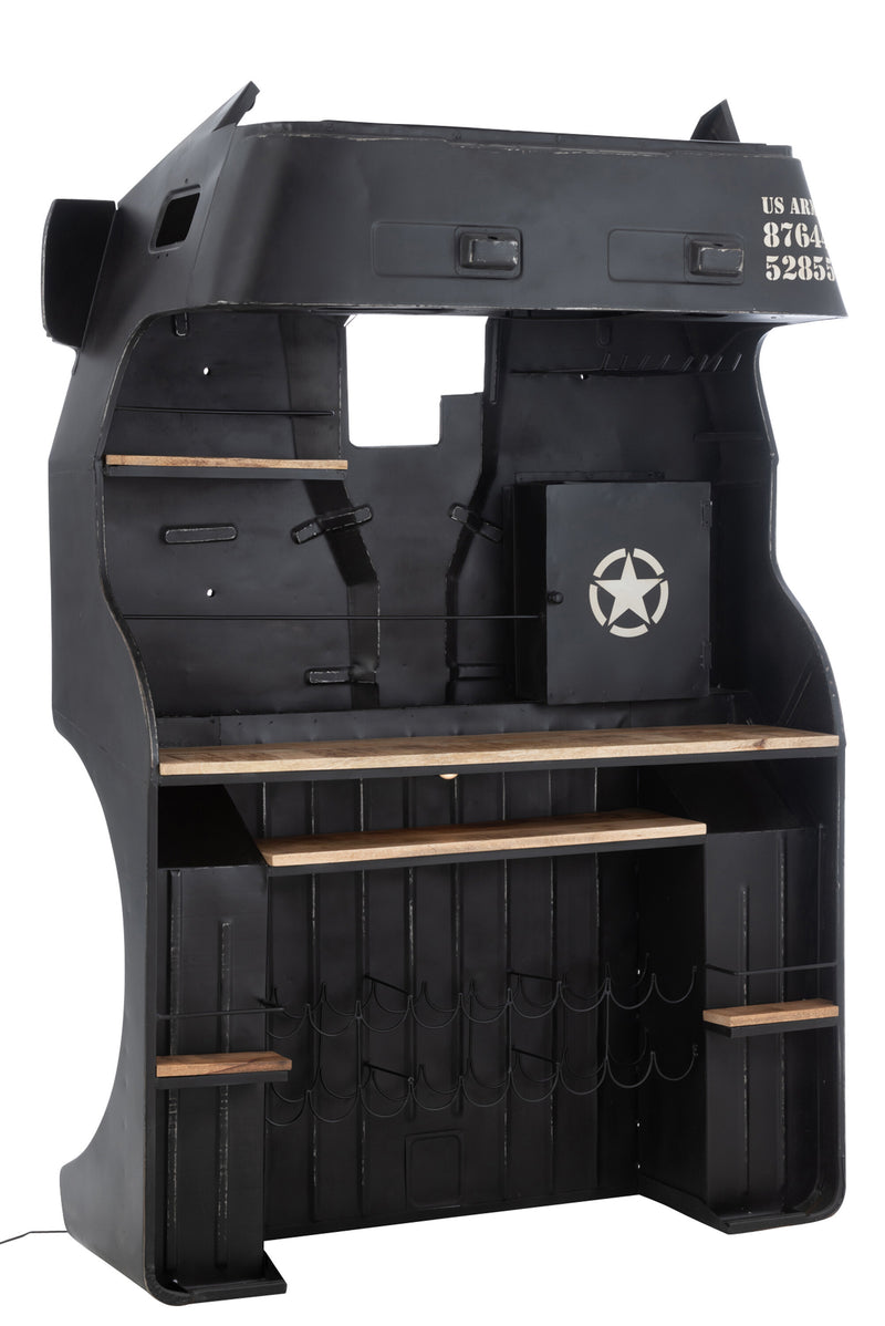 Handgefertigte Bar Lkw Front US ARMY aus Metall/Mango Holz - Ein Unikat mit Weinregalen und Beleuchtung