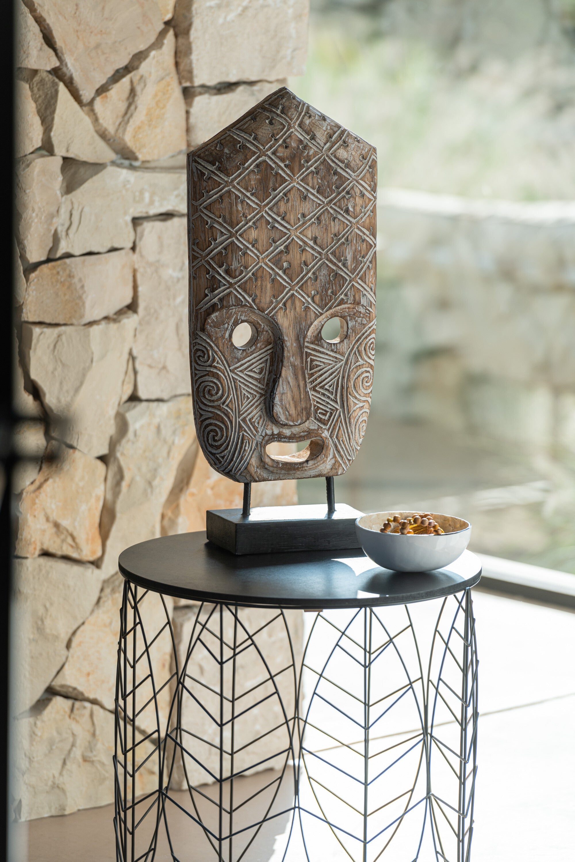 Wooden figure mask Alabama on base - handmade unique piece in brown and white by MF