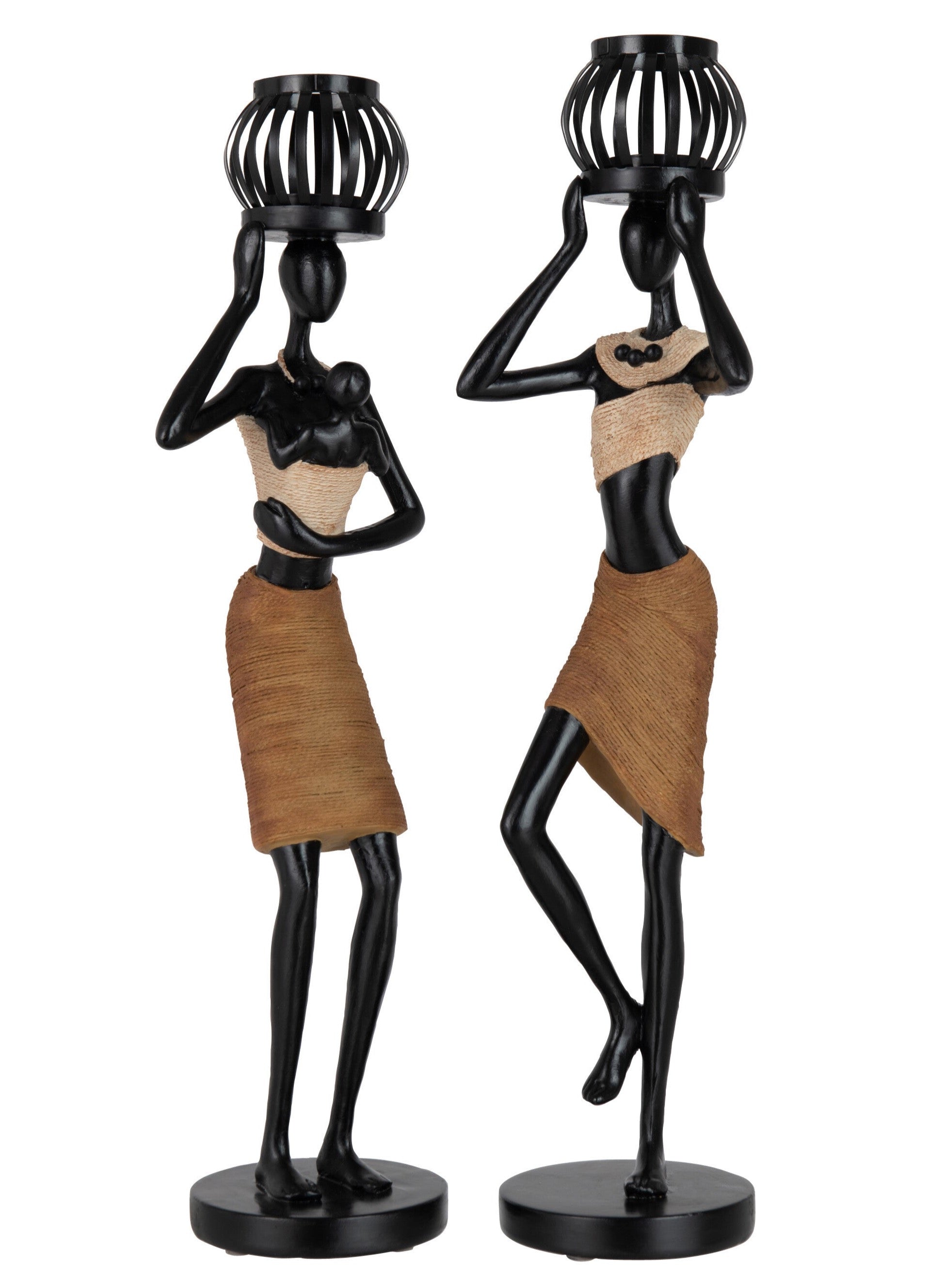 Set of 4 tea light holders "Ethnic" - poly head figures, brown, woman with baby &amp; basket, 47.5 cm height