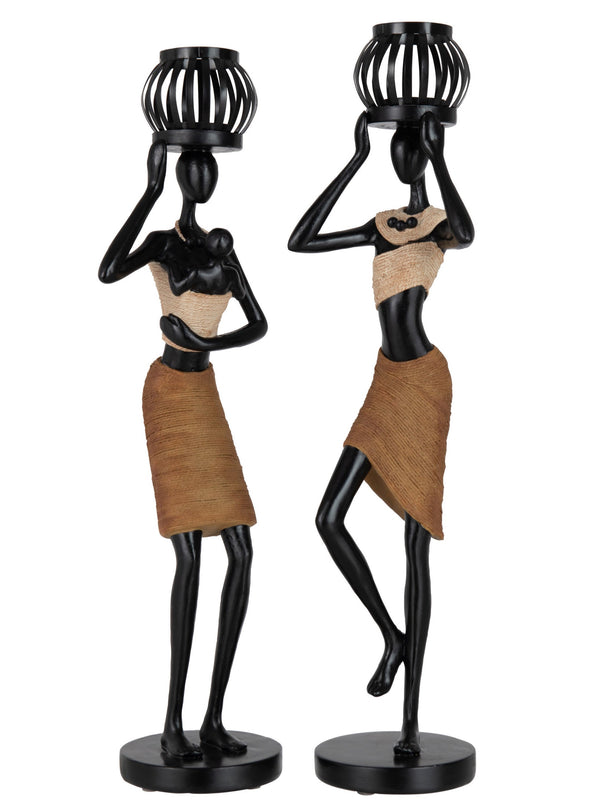 4er Set Teelichthalter "Ethnisch" – Poly Kopffiguren, Braun, Frau mit Baby & Korb, 47,5 cm Höhe