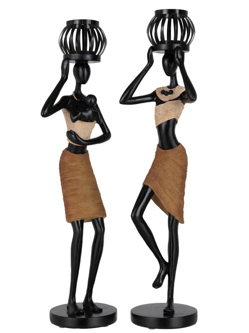 Set of 4 tea light holders "Ethnic" - poly head figures, brown, woman with baby &amp; basket, 47.5 cm height