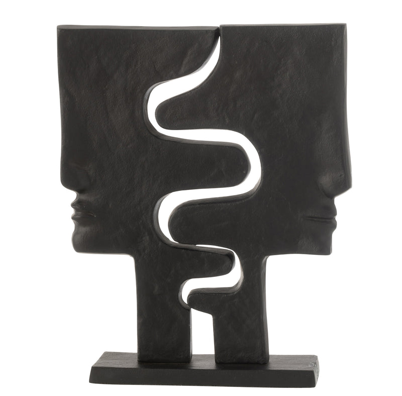 Abstrakte Alu Figur mit Zwei Gesichtern auf Schwarzer Base