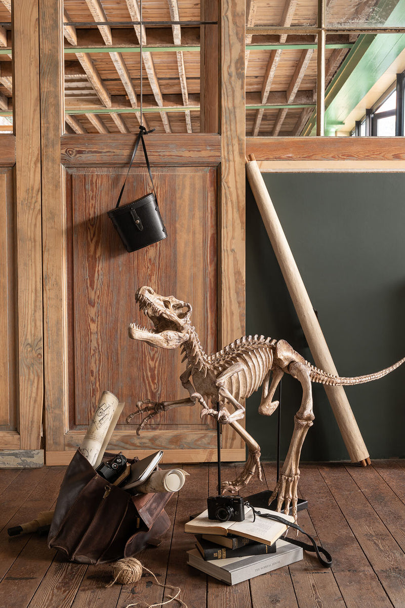 Prähistorisches Flair in Ihrem Zuhause: Handgefertigte Dinosaurier-Skulptur Raptor aus Poly in Hellbraun