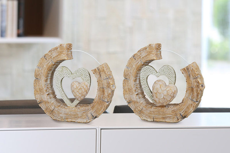 2er Set Poly Skulptur Herz naturfarben in Holzoptik