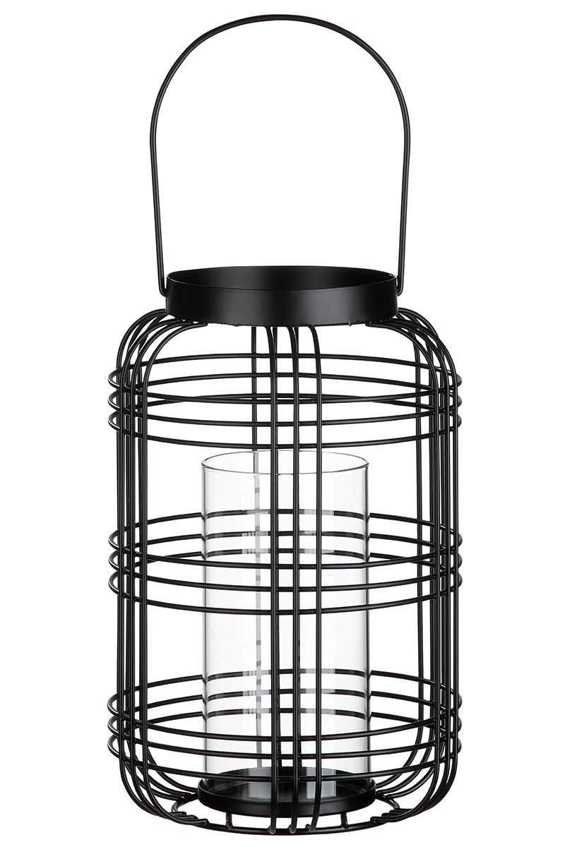 Metall Windlicht Crossa schwarz, mit Henkel und Glaseinsatz Höhe 26cm