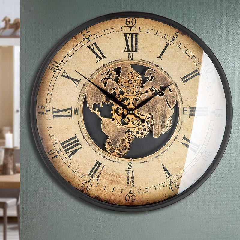 Metal wall clock vintage copper-colored with rotating gears