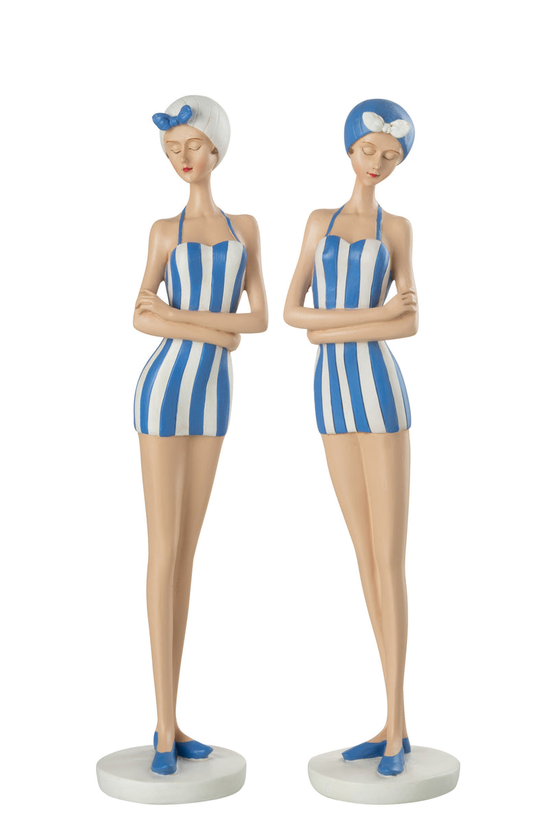 Frau stehend im Badeanzug und Badekappe - Poly-Blau 2er Set - Handgefertigt und bemalt, 34cm Höhe