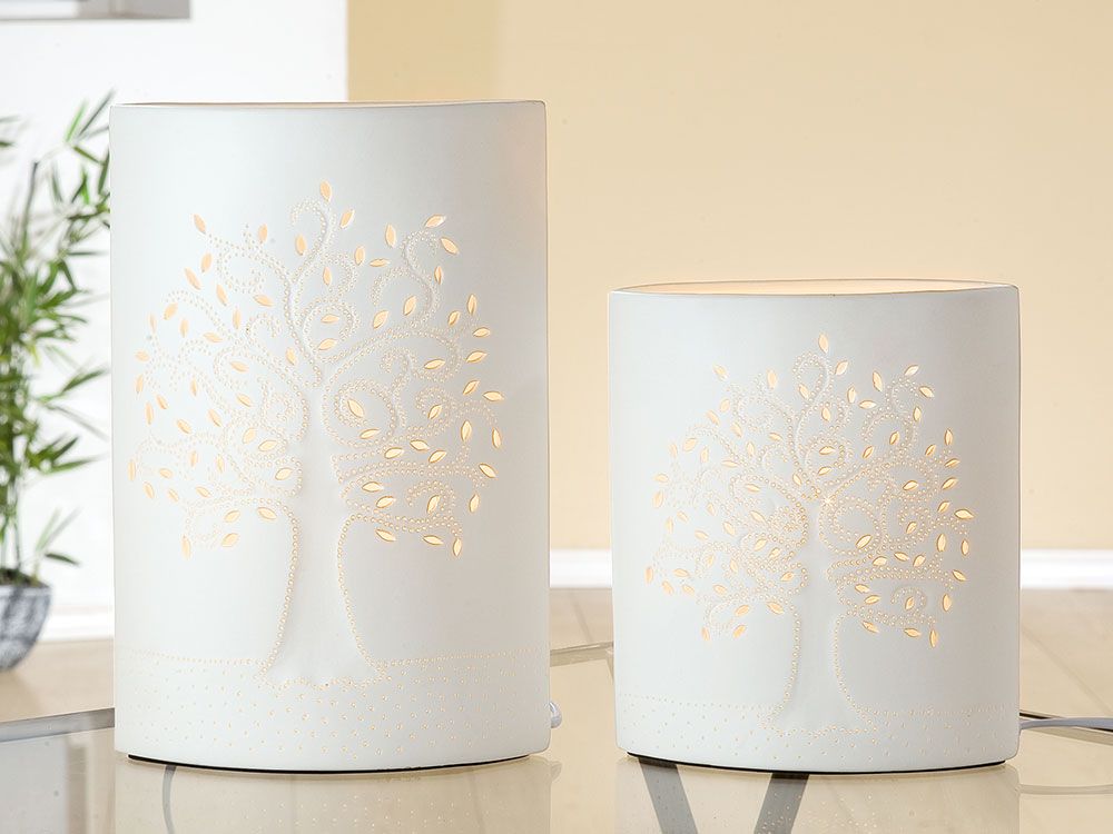 Design Lampe Ellipse Lebensbaum aus Porzellan Höhe 28cm