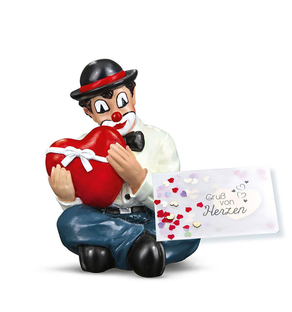 Clown Paket Herzensgruß Handbemalte Sammlerfigur in Geschenkbox mit Grußkarte und Überraschungspräsent