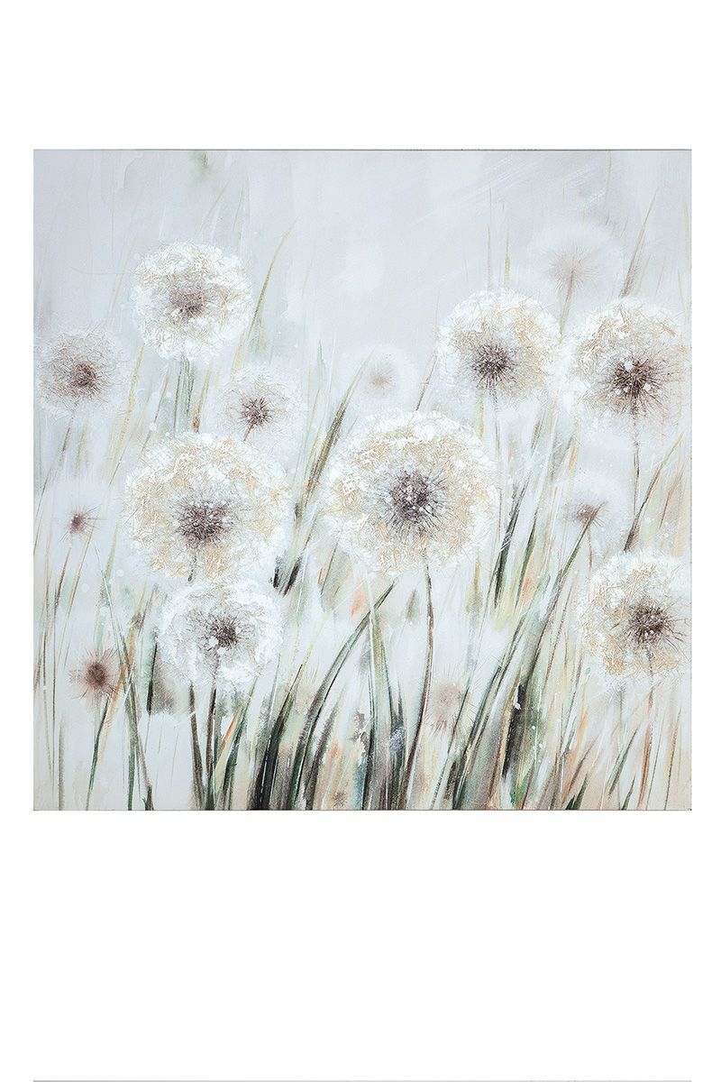 Picture dandelion meadow white/cream/green on canvas 90cm