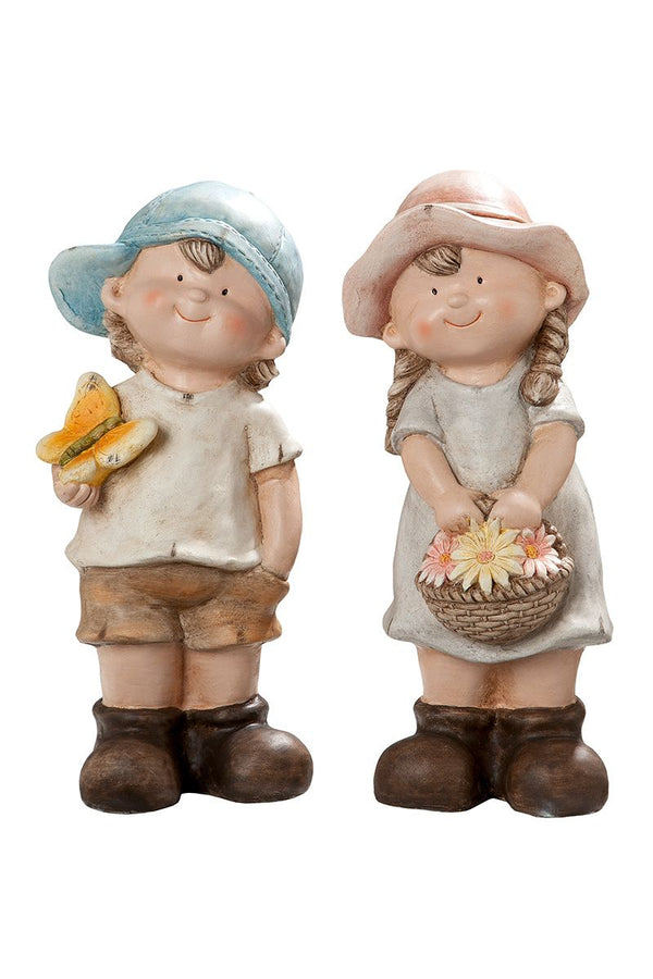 Twee charmante Magnesia Child sculpturen 'Luis &amp; Lisa' voor een vrolijke en kleurrijke buitenruimte