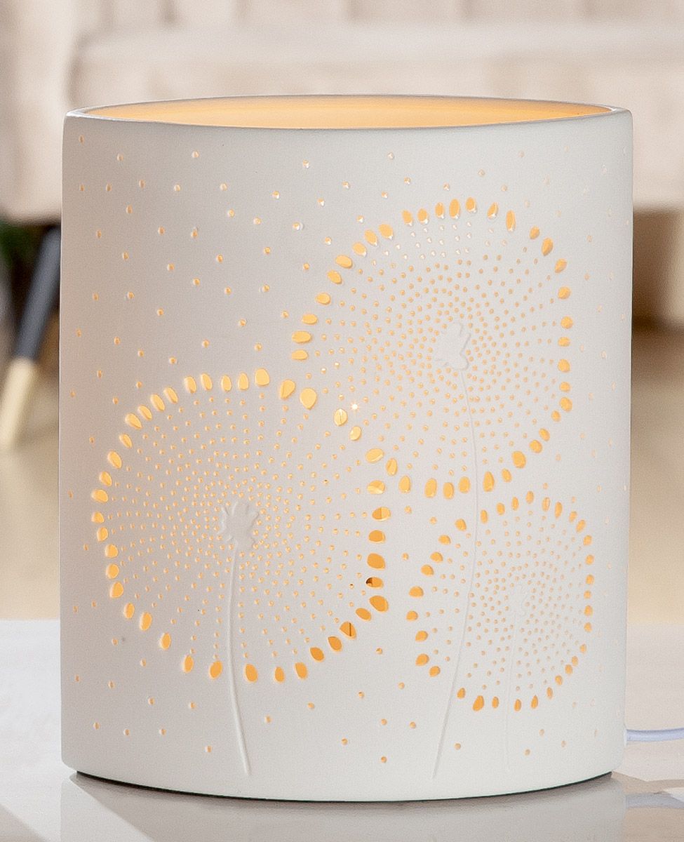 GILDE Lampe Tischlampe Dekolampe Ellipse - aus Porzellan mit Pusteblume im Prickellook Höhe 20cm