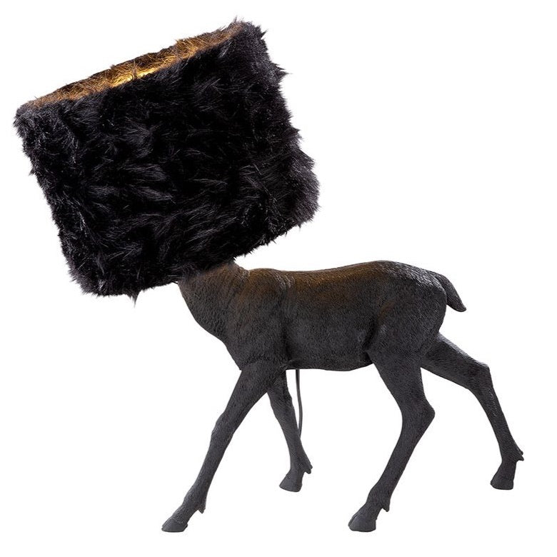 Poly Lampe " Black Deer " schwarz Lampenschirm mit Kunstfellbezug Hirschdeko