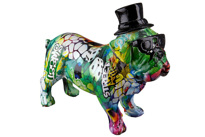 Poly pug straat kleurrijke artiest met zwarte hoge hoed en bril in graffiti-stijl