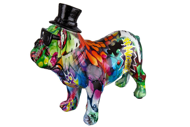 Poly pug straat kleurrijke artiest met zwarte hoge hoed en bril in graffiti-stijl