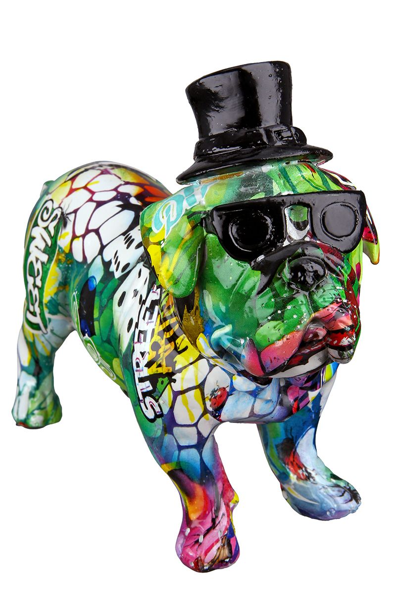 Poly pug straat kleurrijke artiest met zwarte hoge hoed en bril in graffiti-stijl